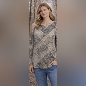 Juicy Couture Abstract Print Cold Shoulder Long Sleeve Top Beige Black Size L